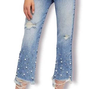 Free People Pearl Straight Crop Jeans Size 27 Frayed Hem Beaded
